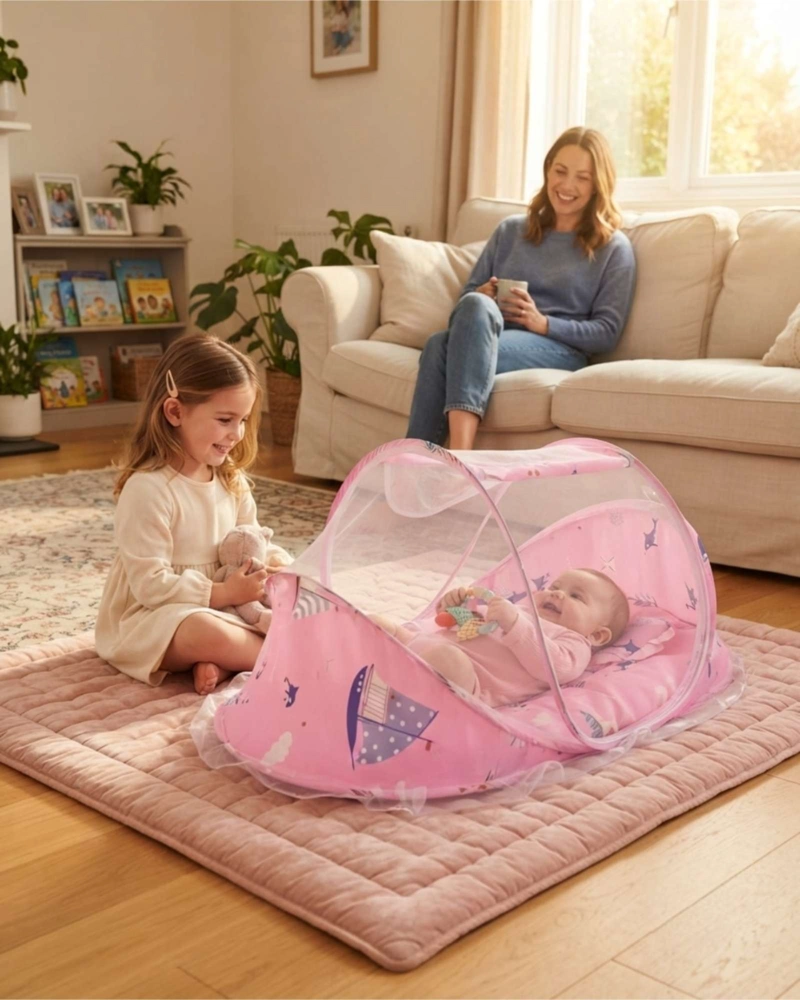 MALLA MOSQUITERA PLEGABLE PARA BEBE  CON COLCHON Y ALMOHADA - 1