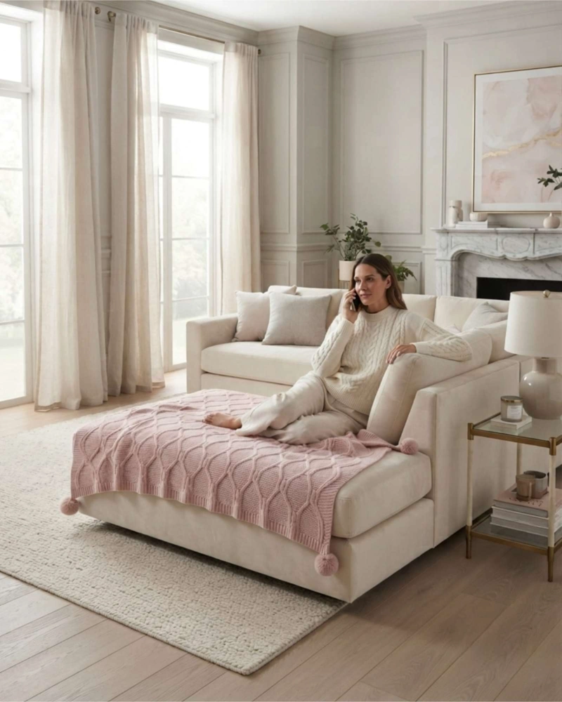 MANTA DECORATIVA DE LUJO CON POMPONES 130X150 CM – ELEGANCIA Y ESTILO - 5
