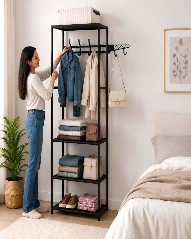 PERCHERO MULTIFUNCIONAL CON REPISAS PARA DORMITORIO Y VESTIDOR - 1