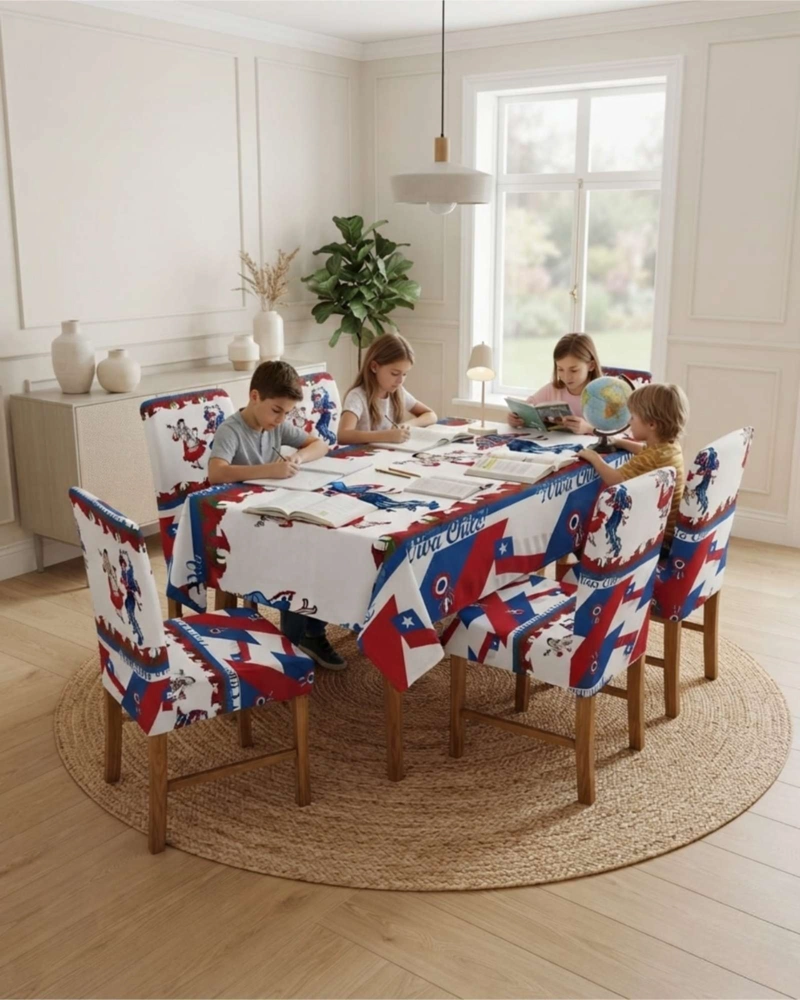 SET MANTEL Y 6 FUNDAS ELASTICADAS PARA SILLA FIESTAS PATRIAS - 5