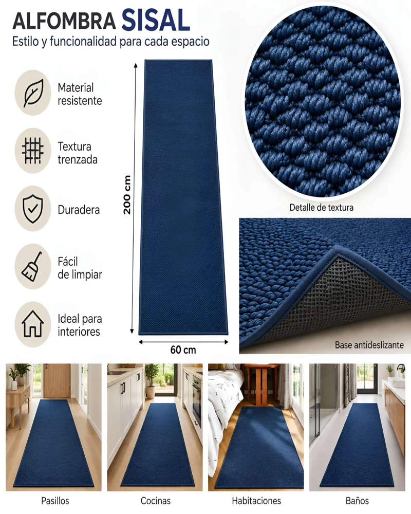 ALFOMBRA PASILLERA DE SISAL NATURAL 60 X 200 CM | ANTIDESLIZANTE Y RESISTENTE - 6