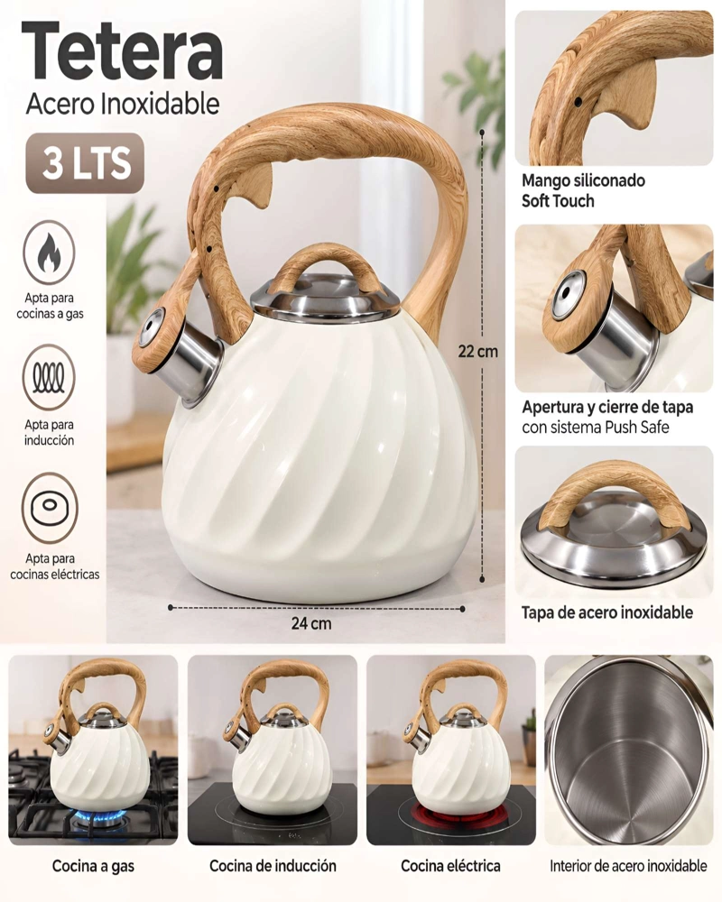 TETERA MULTICOCINA DE ACERO INOXIDABLE GRAN CAPACIDAD 3 LITROS - 5