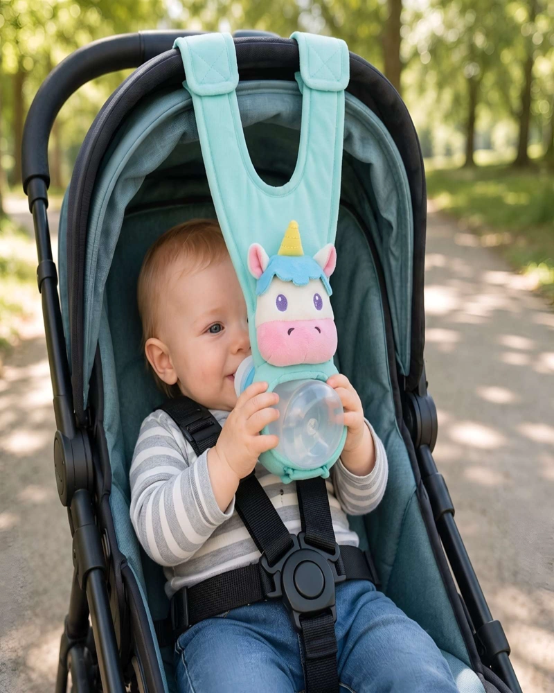 SOPORTE Y CORREA AJUSTABLE PARA BIBERON DE BEBE  - PARA COCHE Y SILLA - 3