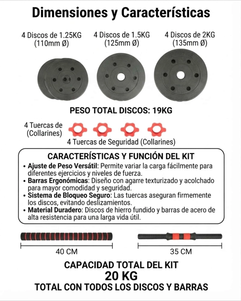 KIT DE MANCUERNAS AJUSTABLES 20 KG GIMNASIO EN CASA - 6