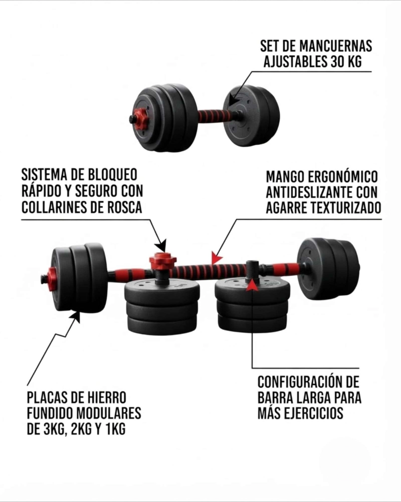 KIT DE MANCUERNAS 30 KG 2 EN 1 CON BARRA LARGA AJUSTABLE - 5