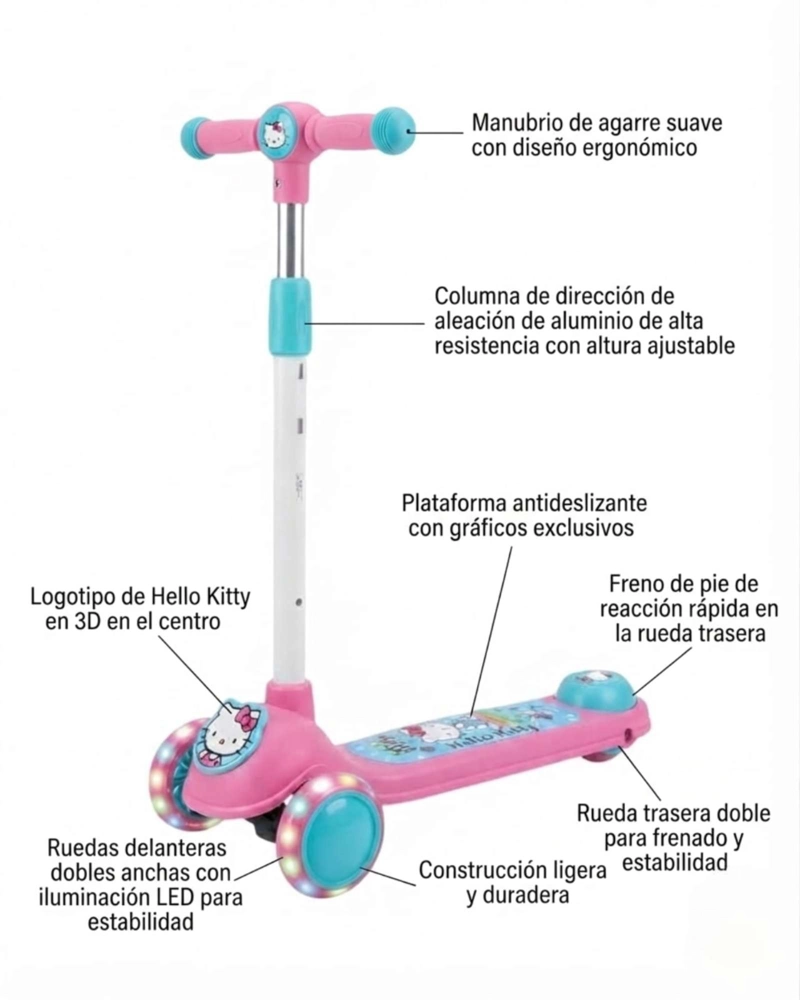 SCOOTER DE HELLO KITTY DE 3 RUEDAS CON LUCES LED Y MANUBRIO AJUSTABLE - 5