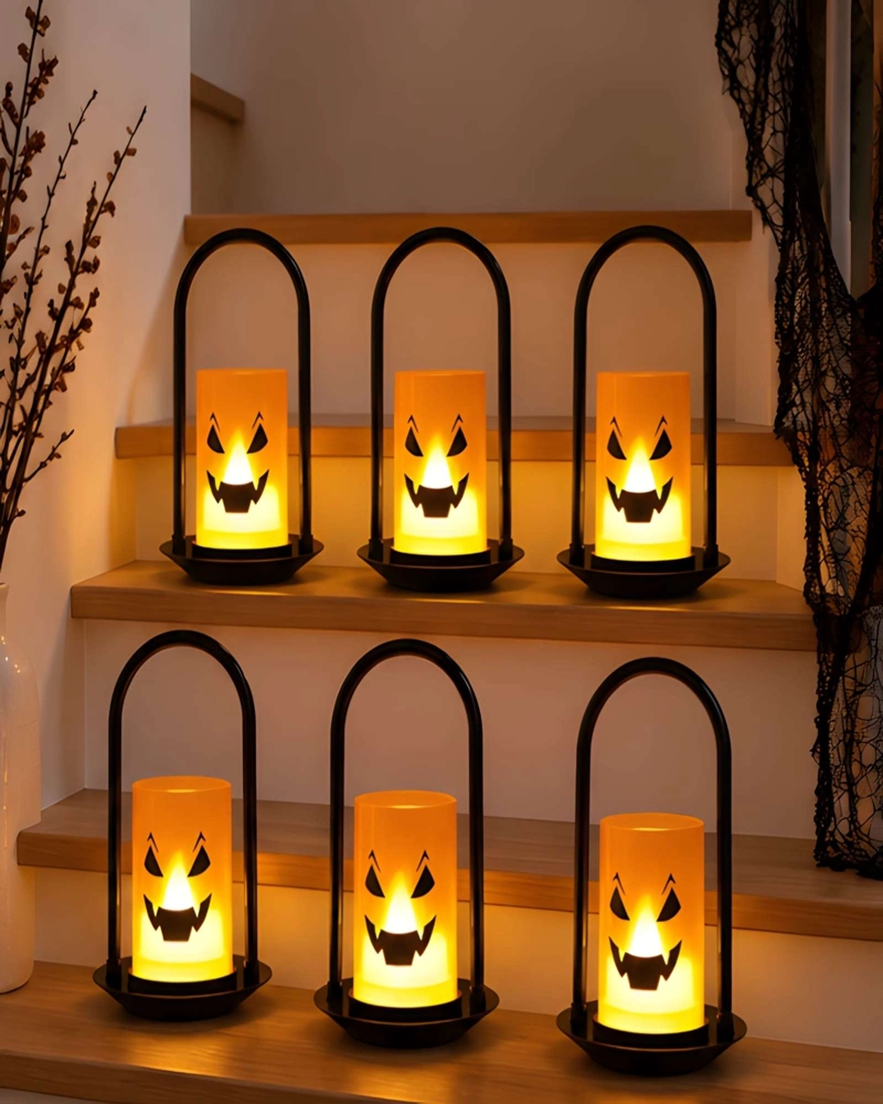 SET 6 FAROLES DECORATIVOS HALLOWEEN DISEÑOS CALABAZA LUZ LED - 2