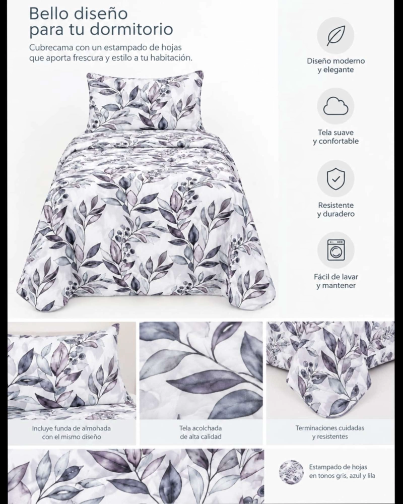 SET CUBRELECHO QUILT VERANO 1.5 PLAZAS FRESCO MAS 1 FUNDA DE ALMOHADA - 6