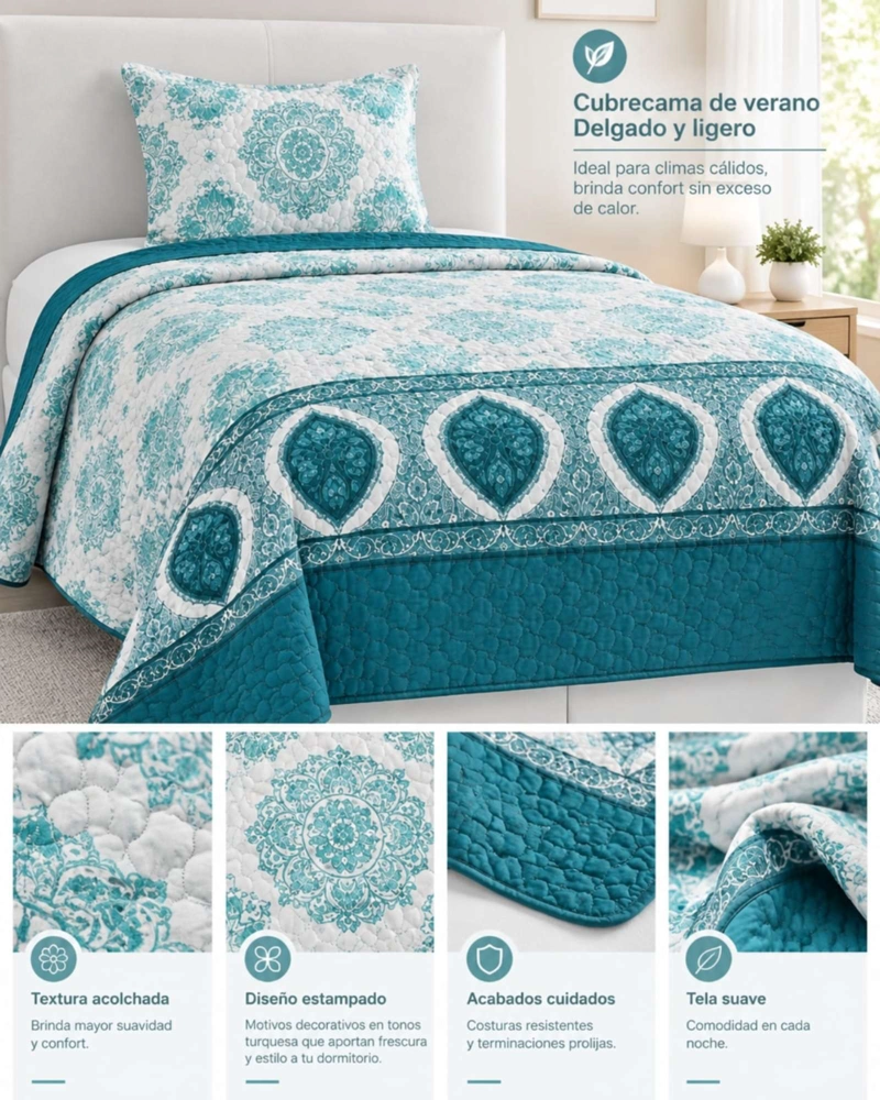 SET CUBRELECHO QUILT VERANO 1.5 PLAZAS FRESCO MAS 1 FUNDA DE ALMOHADA - 5