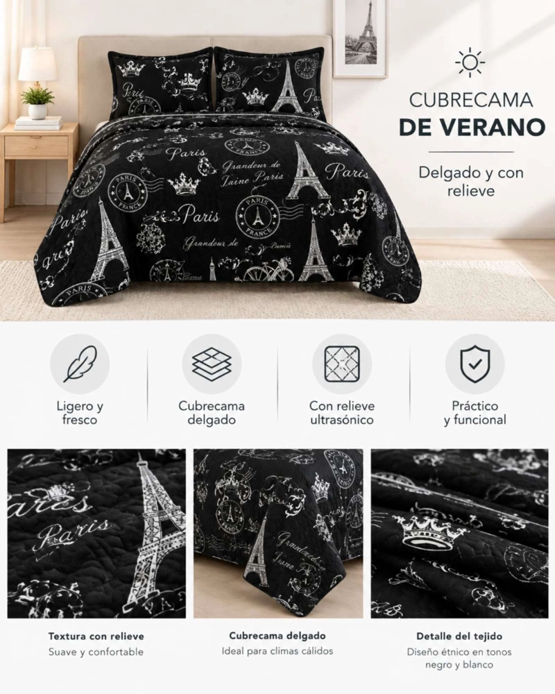 QUILT CUBRECAMA DELGADO VERANO SUPER KING + 2 FUNDAS - 5