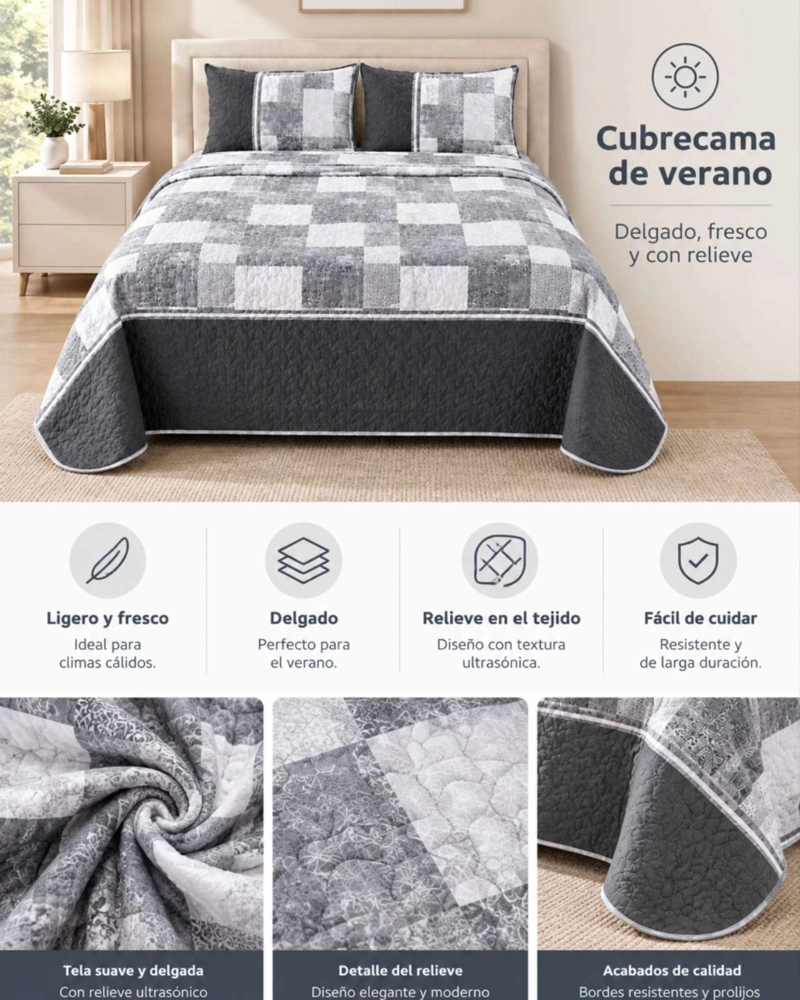 QUILT CUBRECAMA DELGADO VERANO SUPER KING + 2 FUNDAS - 5