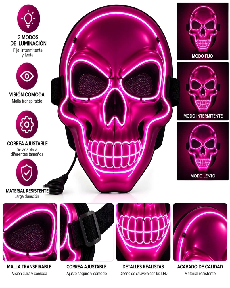 MASCARA DE CALAVERA CON LUZ LED PARA HALLOWEEN Y FIESTAS - 5