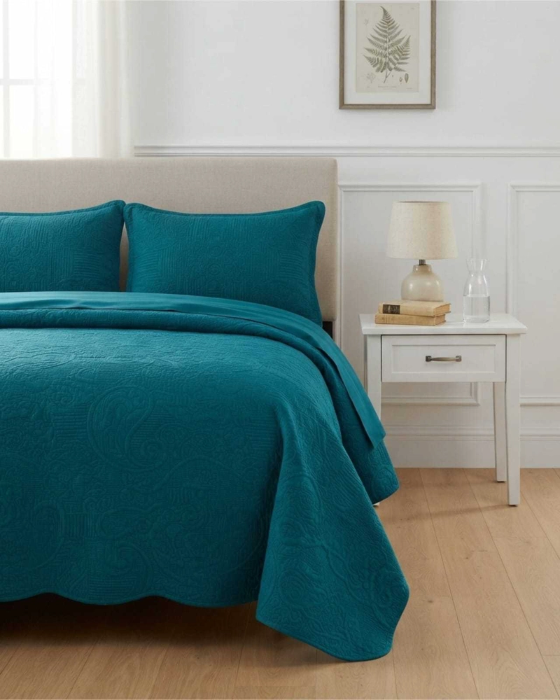 SET CUBRECAMA QUILT VERANO TURQUESA KING RELIEVE + JUEGO DE SABANAS - 2