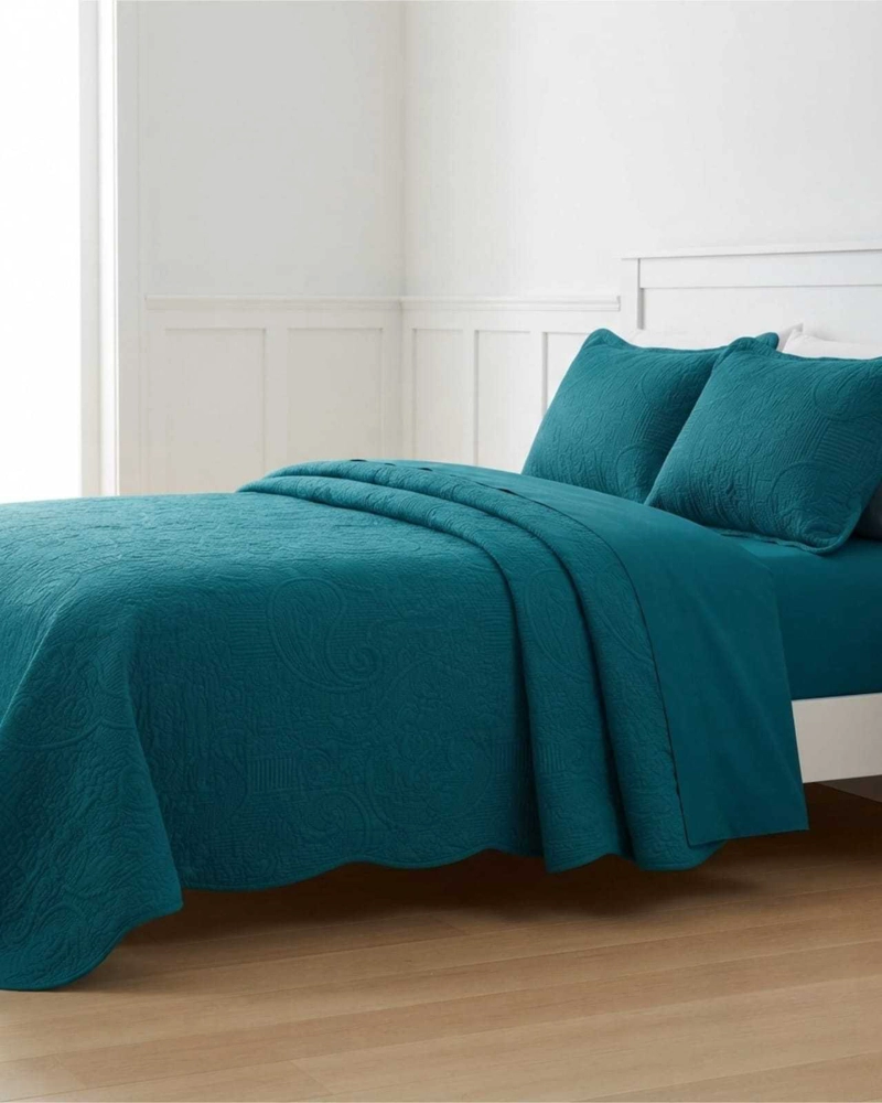 SET CUBRECAMA QUILT VERANO TURQUESA KING RELIEVE + JUEGO DE SABANAS - 3