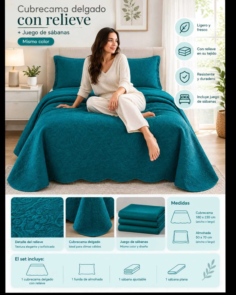 SET CUBRECAMA QUILT VERANO TURQUESA 2 PLAZAS RELIEVE + JUEGO DE SABANAS - 5