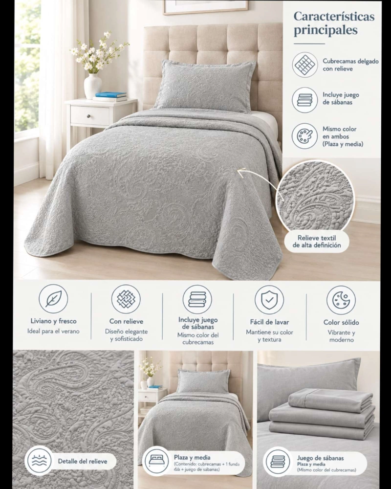 CUBRECAMA QUILT VERANO 1.5 PLAZAS LISO CON TEXTURA EN RELIEVE - 5