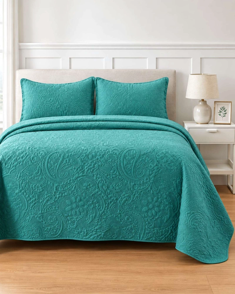 CUBRECAMA QUILT 2 PLAZAS TURQUESA LISO CON RELIEVE DE VERANO - 3