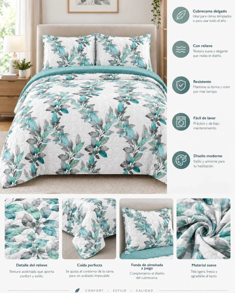 QUILT DELGADO PARA VERANO FRESCO 2 PLAZAS MAS ALMOHADAS - 5