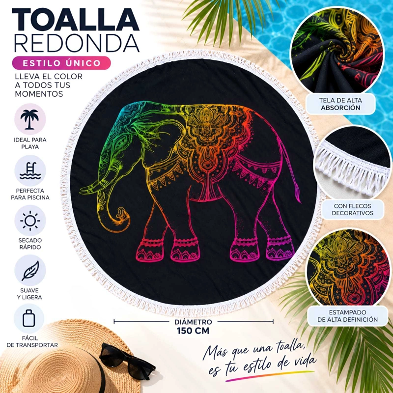TOALLA DE PLAYA REDONDA 150 CM CON ESTAMPADO Y FLECOS DECORATIVOS - 5