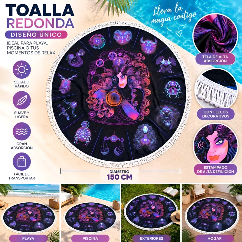 TOALLA DE PLAYA REDONDA 150 CM CON ESTAMPADO Y FLECOS DECORATIVOS - 5