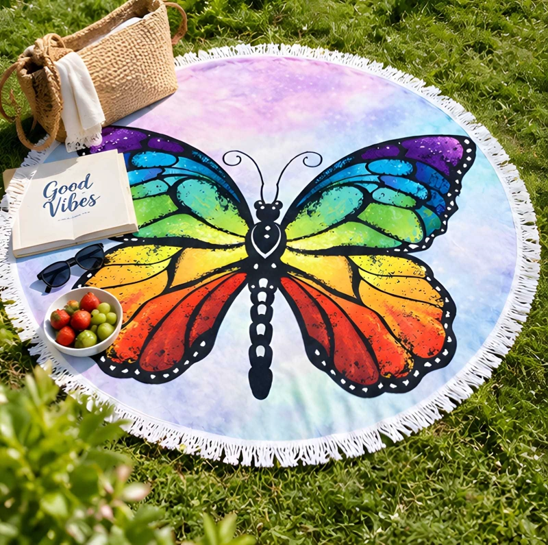 TOALLA DE PLAYA REDONDA 150 CM CON ESTAMPADO Y FLECOS DECORATIVOS - 4