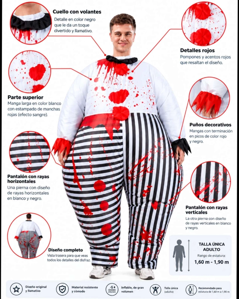 TRAJE DE TERROR ADULTO PAYASO SANGRIENTO CON RAYAS - 2