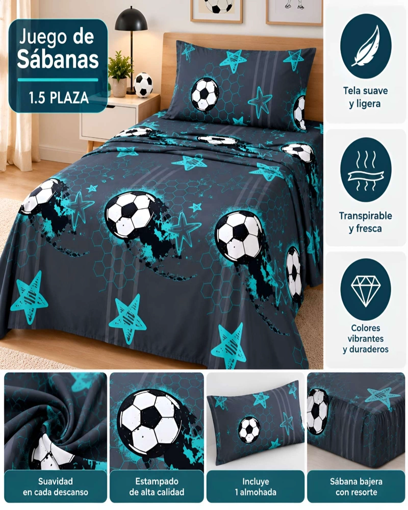 JUEGO DE SABANAS CON ESTILO DEPORTIVO JUVENIL PLAZA Y MEDIA - 5