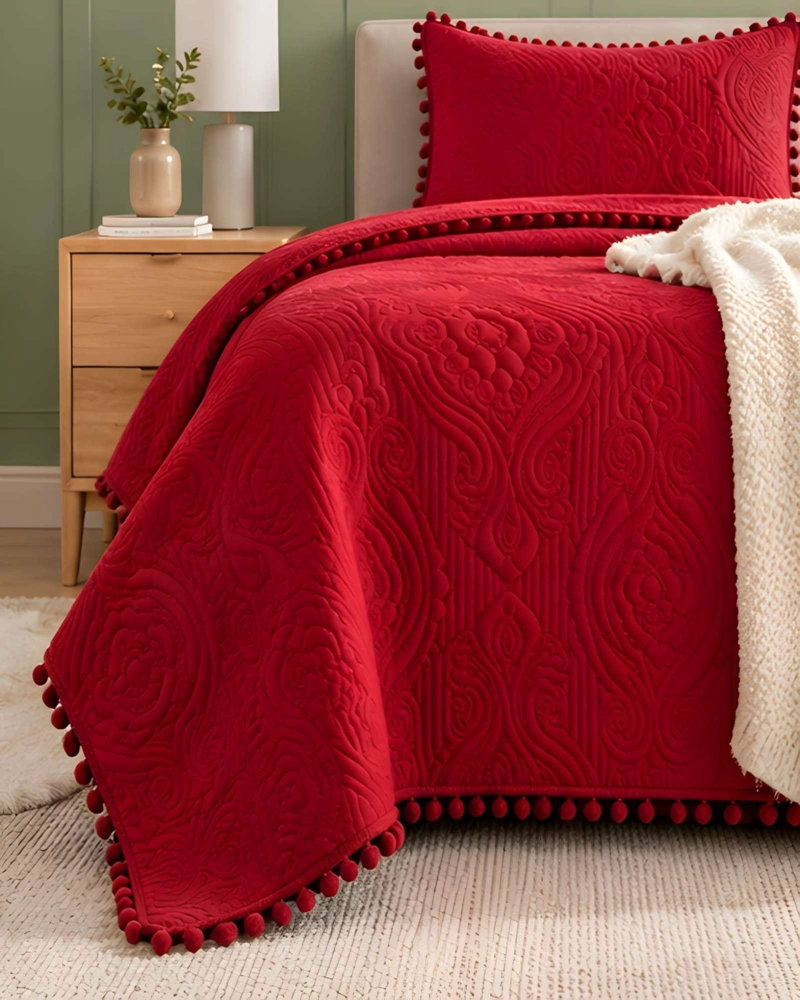 CUBRECAMA 1.5 PLAZAS TEXTURIZADO EN RELIEVE Y POMPONES - 4