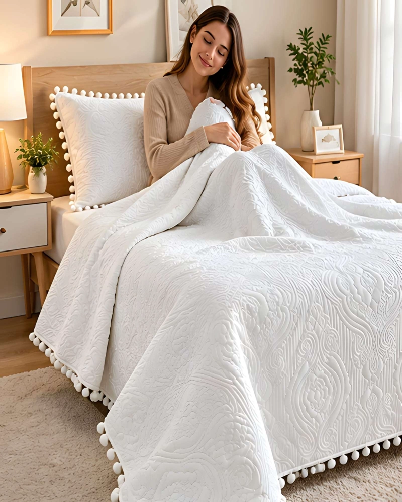 CUBRECAMA 1.5 PLAZAS TEXTURIZADO EN RELIEVE Y POMPONES - 1