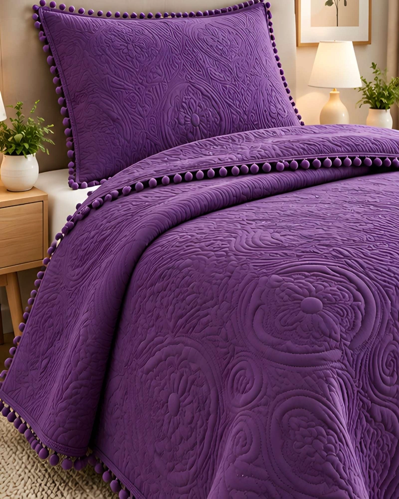 CUBRECAMA 1.5 PLAZAS TEXTURIZADO EN RELIEVE Y POMPONES - 2