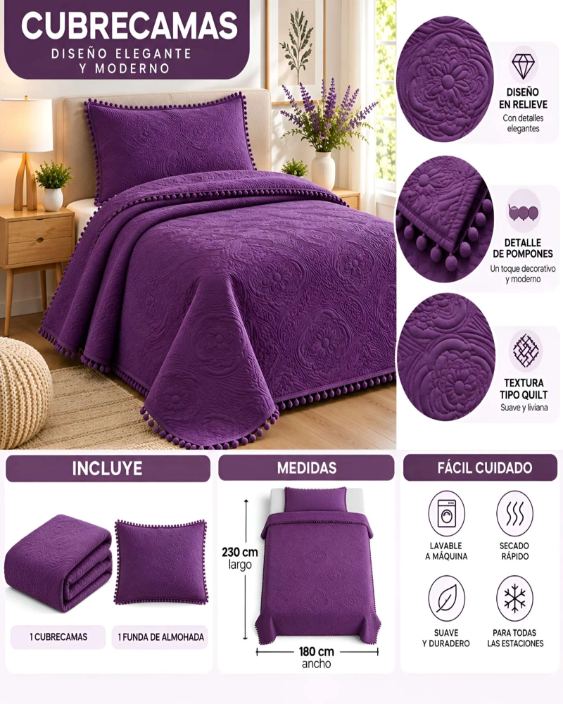 CUBRECAMA 1.5 PLAZAS TEXTURIZADO EN RELIEVE Y POMPONES - 5