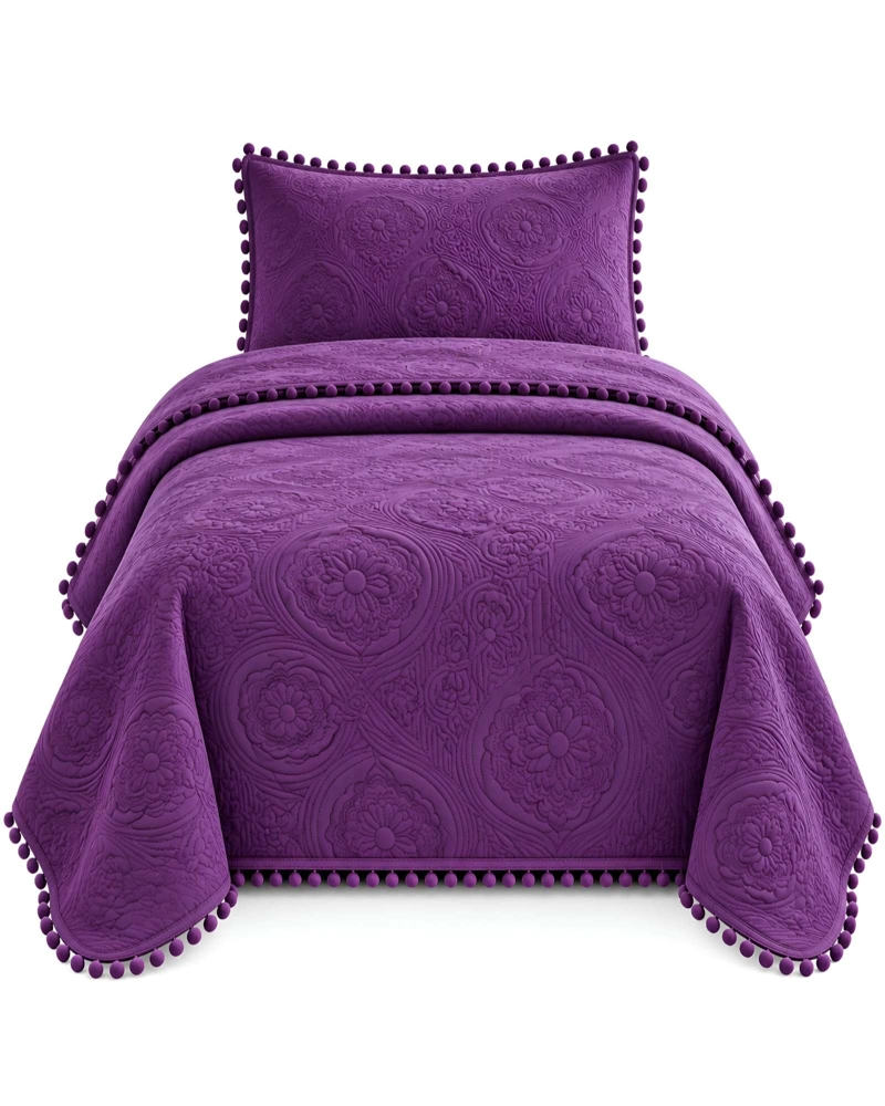 CUBRECAMA 1.5 PLAZAS TEXTURIZADO EN RELIEVE Y POMPONES - 6