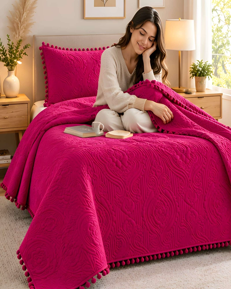 CUBRECAMA 1.5 PLAZAS TEXTURIZADO EN RELIEVE Y POMPONES - 2