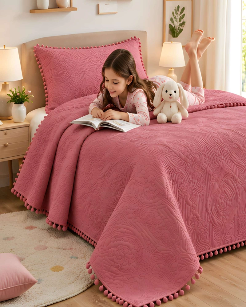 CUBRECAMA 1.5 PLAZAS TEXTURIZADO EN RELIEVE Y POMPONES - 2