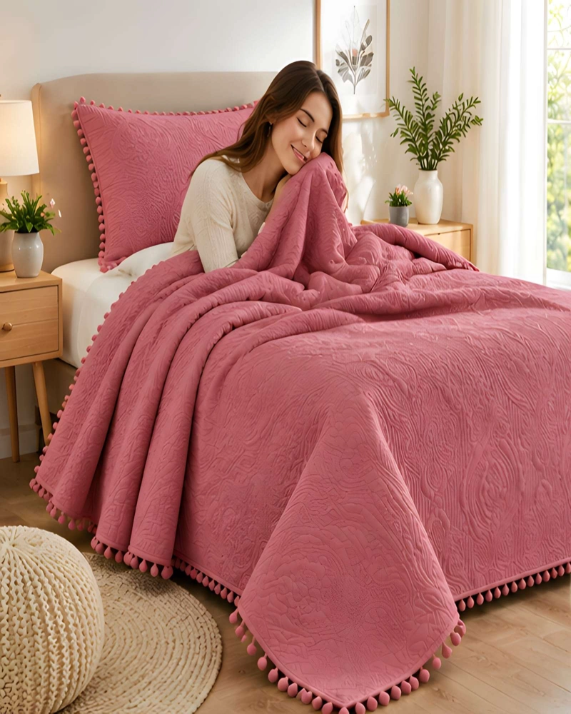 CUBRECAMA 1.5 PLAZAS TEXTURIZADO EN RELIEVE Y POMPONES - 3