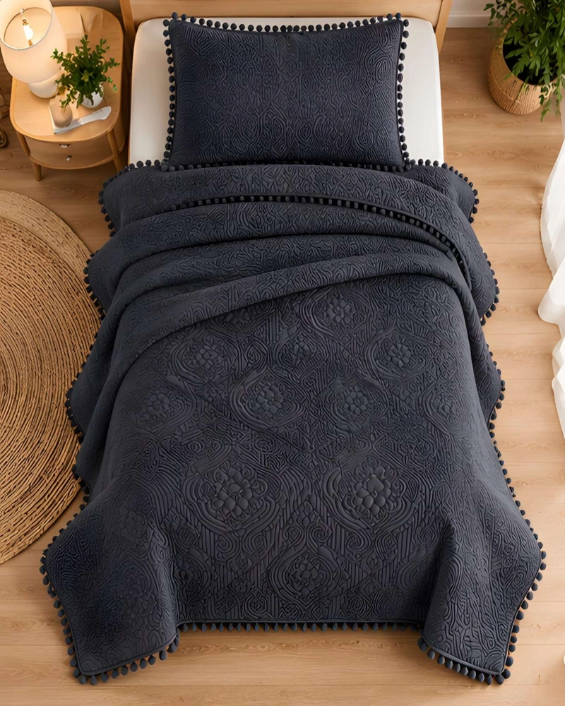 CUBRECAMA 1.5 PLAZAS TEXTURIZADO EN RELIEVE Y POMPONES - 4