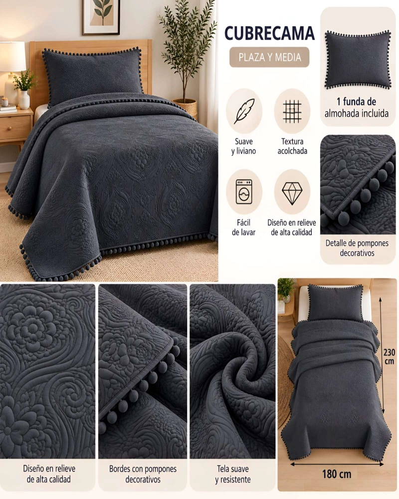 CUBRECAMA 1.5 PLAZAS TEXTURIZADO EN RELIEVE Y POMPONES - 5