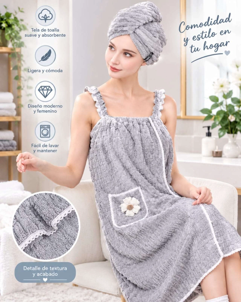 VESTIDO DE TOALLA PARA MUJER CON BOLSILLO Y TIRANTES M - 5
