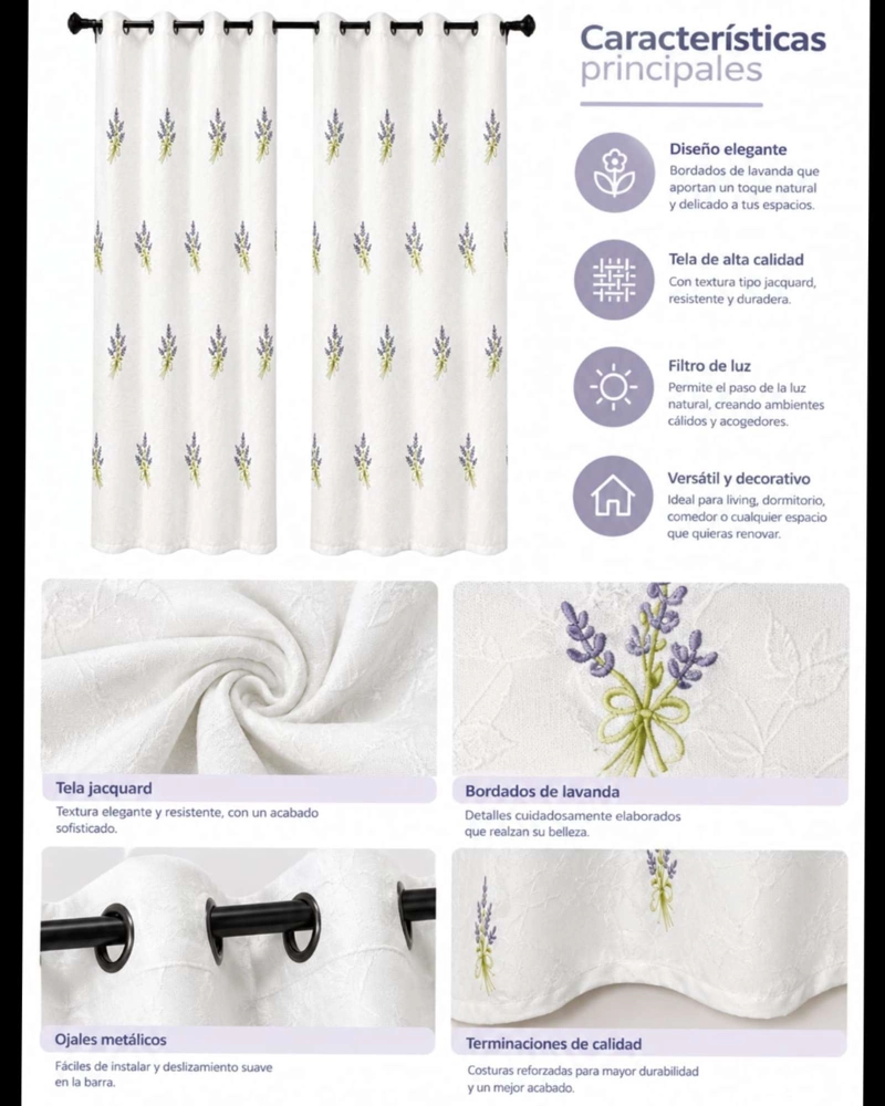 PACK 2 CORTINAS VISILLO CON BORDADOS Y OJALES 140X220CM - 3