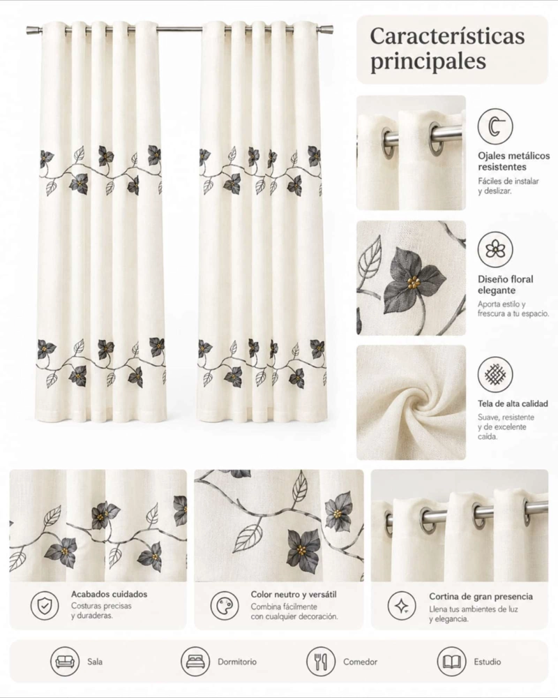 PACK 2 CORTINAS VISILLO CON BORDADOS Y OJALES 140X220CM - 3