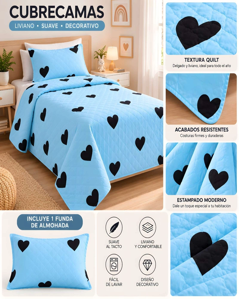 CUBRECAMA QUILT 1.5 PLAZAS PARA VERANO CON ALMOHADA INCLUIDA - 5