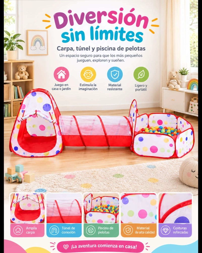 CARPA DE JUEGOS INFANTIL 3 EN 1 CON TUNEL Y PISCINA DE PELOTAS - 5