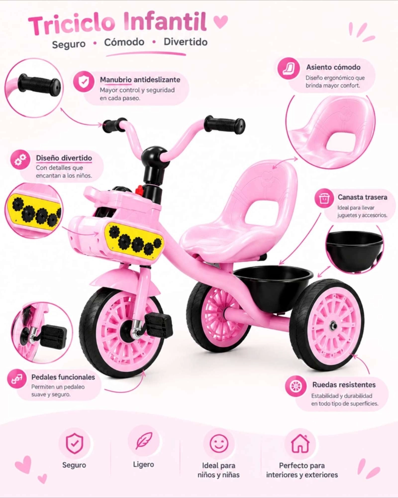TRICICLO INFANTIL CON PEDALES ASIENTO ERGONOMICO Y CANASTO - 4