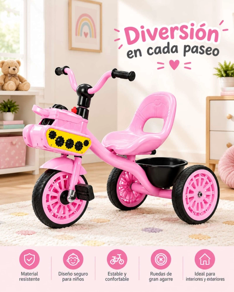 TRICICLO INFANTIL CON PEDALES ASIENTO ERGONOMICO Y CANASTO - 5