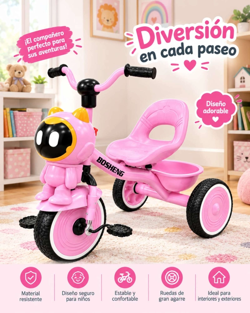 TRICICLO PARA NIÑA DE ASIENTO CON RESPALDO ERGONOMICO Y CANASTO - 5