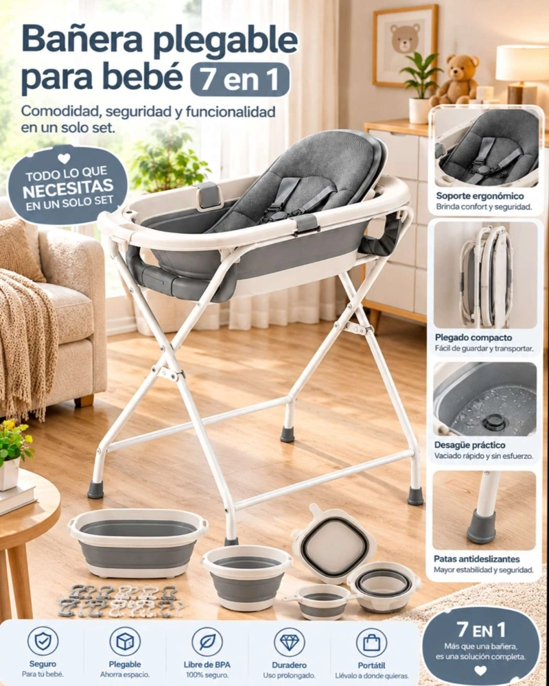 BAÑERA PLEGABLE BEBE CON SOPORTE ERGONOMICO Y ARNES DE SEGURIDAD - 2