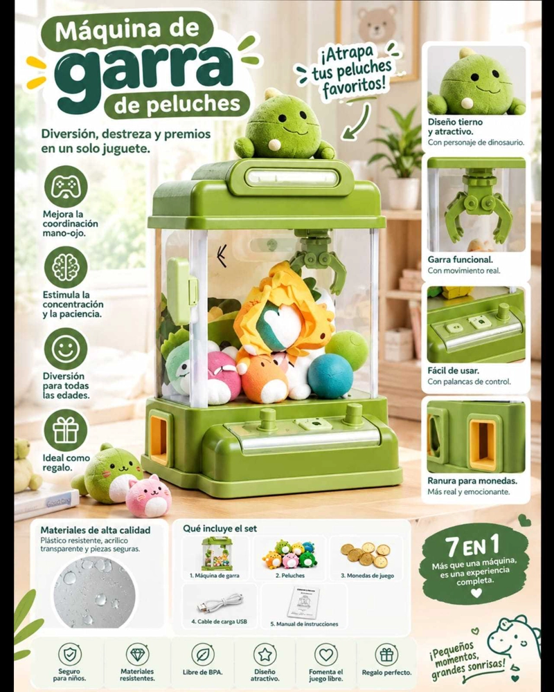 MAQUINA DE PELUCHES PARA NIÑOS CON GARRA INTERACTIVA Y MINI JUGUETES - 5