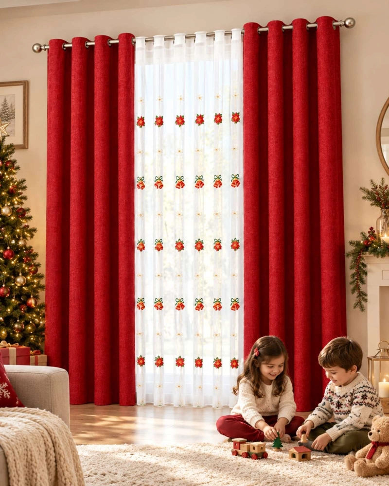 SET CORTINAS NAVIDEÑAS ROJAS JACQARD CON VISILLOS Y OJALES METALICOS - 2