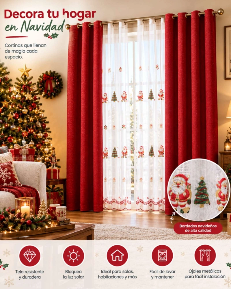 SET CORTINAS NAVIDEÑAS ROJAS JACQARD CON VISILLOS Y OJALES METALICOS - 3