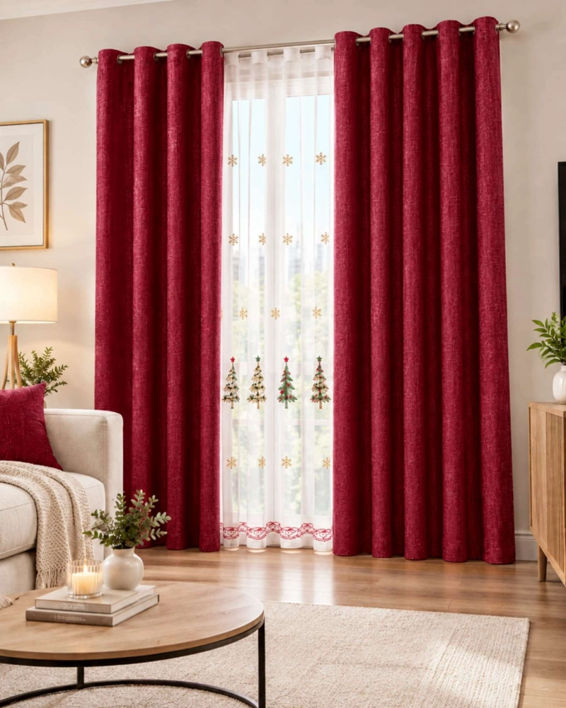 CORTINAS DE NAVIDAD COLOR BURDEOS Y VISILLOS BORDADOS - 3